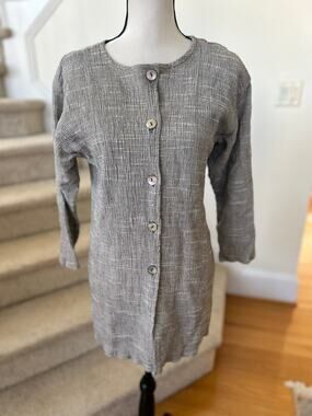 Carol Turner Collection Grey Crinkle Linen Blend Shell Button Cardigan